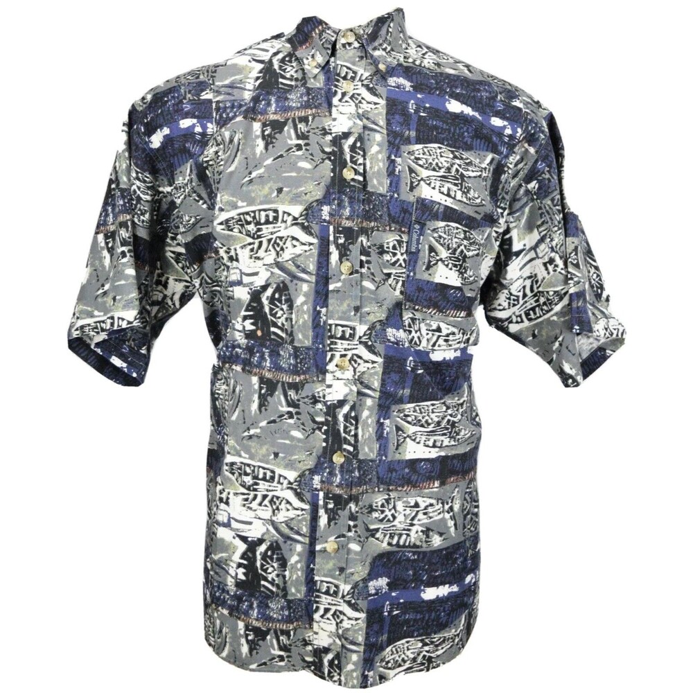 Columbia Men's Size L Fish Pattern Blue Gray Button Down Casual Shirt